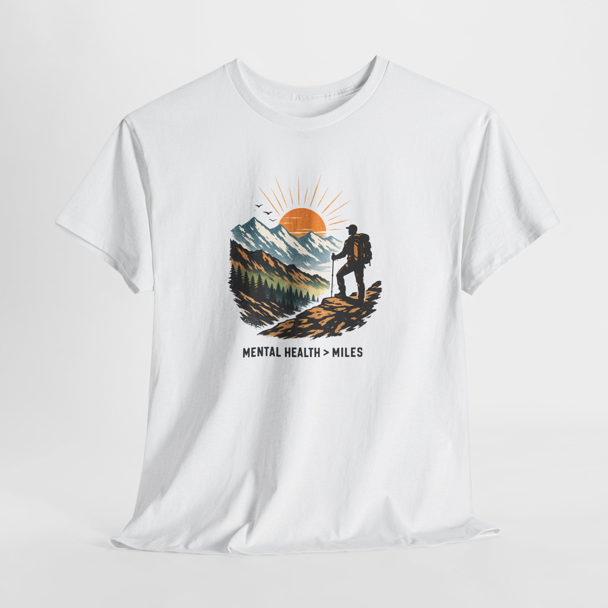 Hiking Graphic Tee — "Mental Health > Miles" Mountain Sunset Shirt