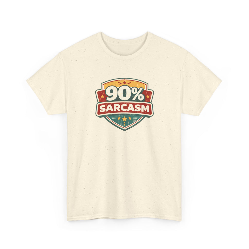 Beige t-shirt with a graphic design featuring '90% Sarcasm' text on a white background