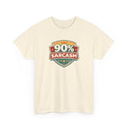 Beige t-shirt with a graphic design featuring '90% Sarcasm' text on a white background