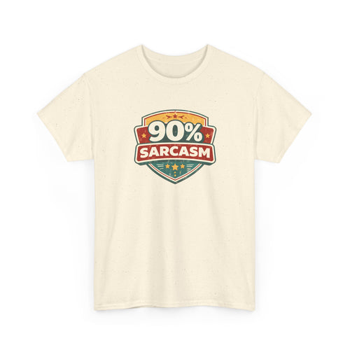Beige t-shirt with a graphic design featuring '90% Sarcasm' text on a white background