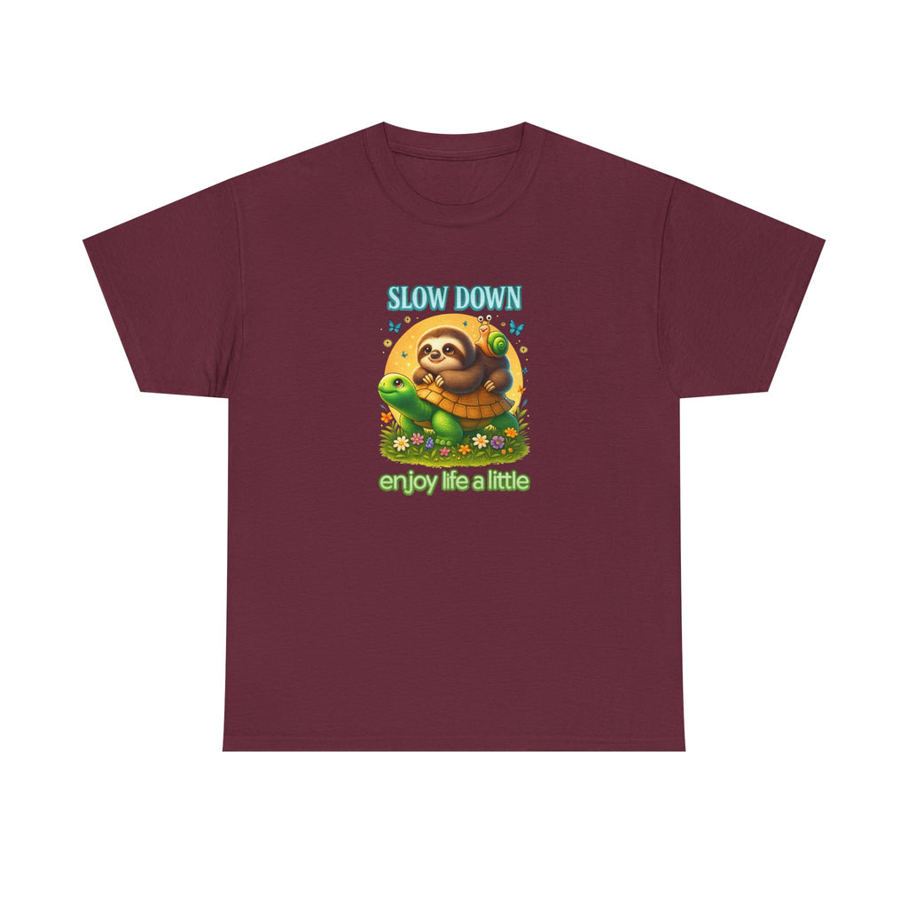 Slow Down Turtle Sloth & Snail V-Neck Tee — "Enjoy Life a Little" Relaxed Graphic Shirt