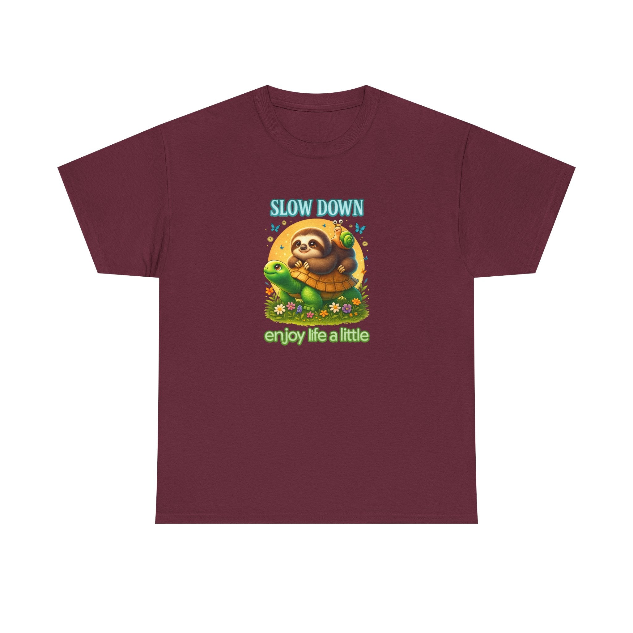 Slow Down Turtle Sloth & Snail V-Neck Tee — "Enjoy Life a Little" Relaxed Graphic Shirt