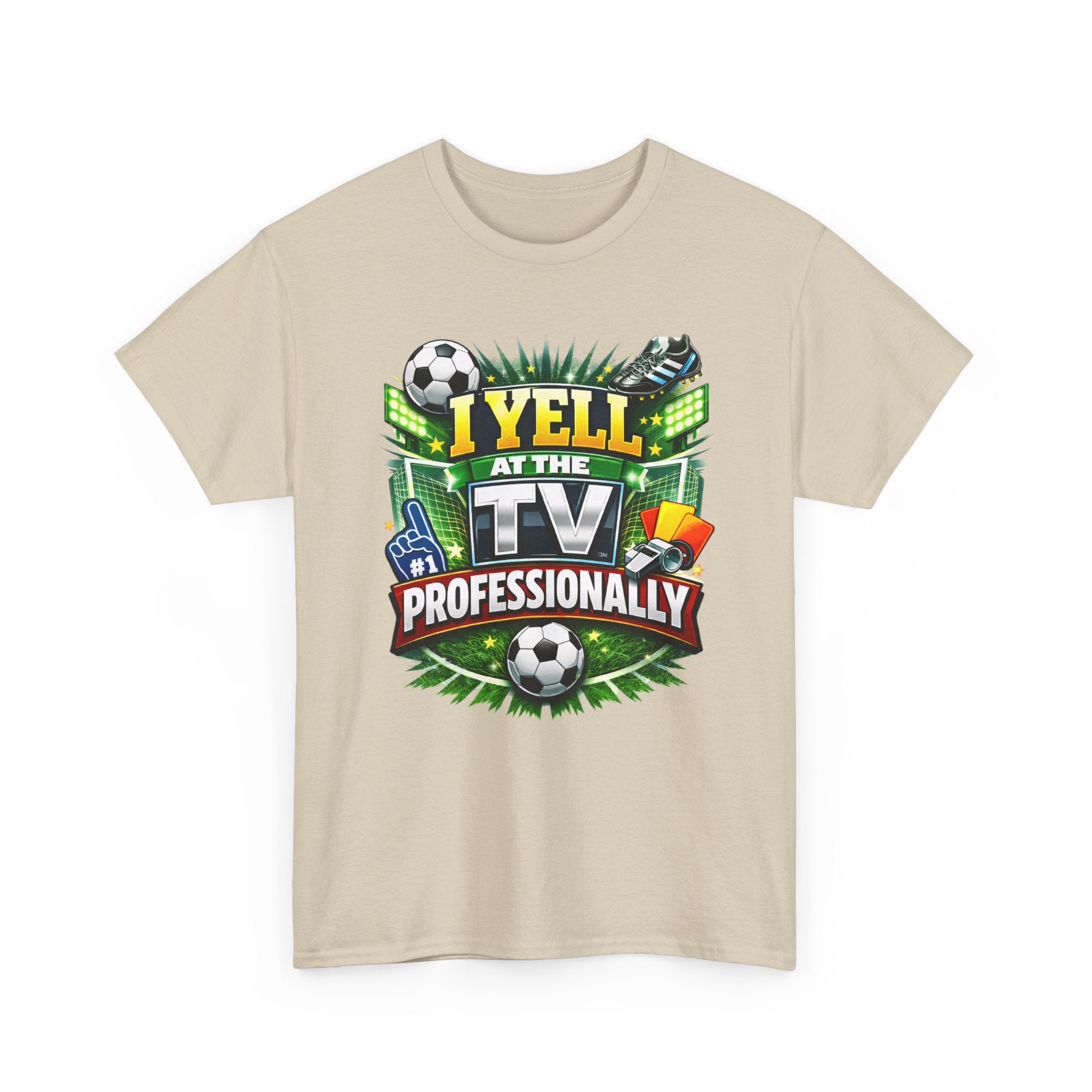 Beige t-shirt with sports-themed graphic and text 'I yell at the tv professionally' on a white background