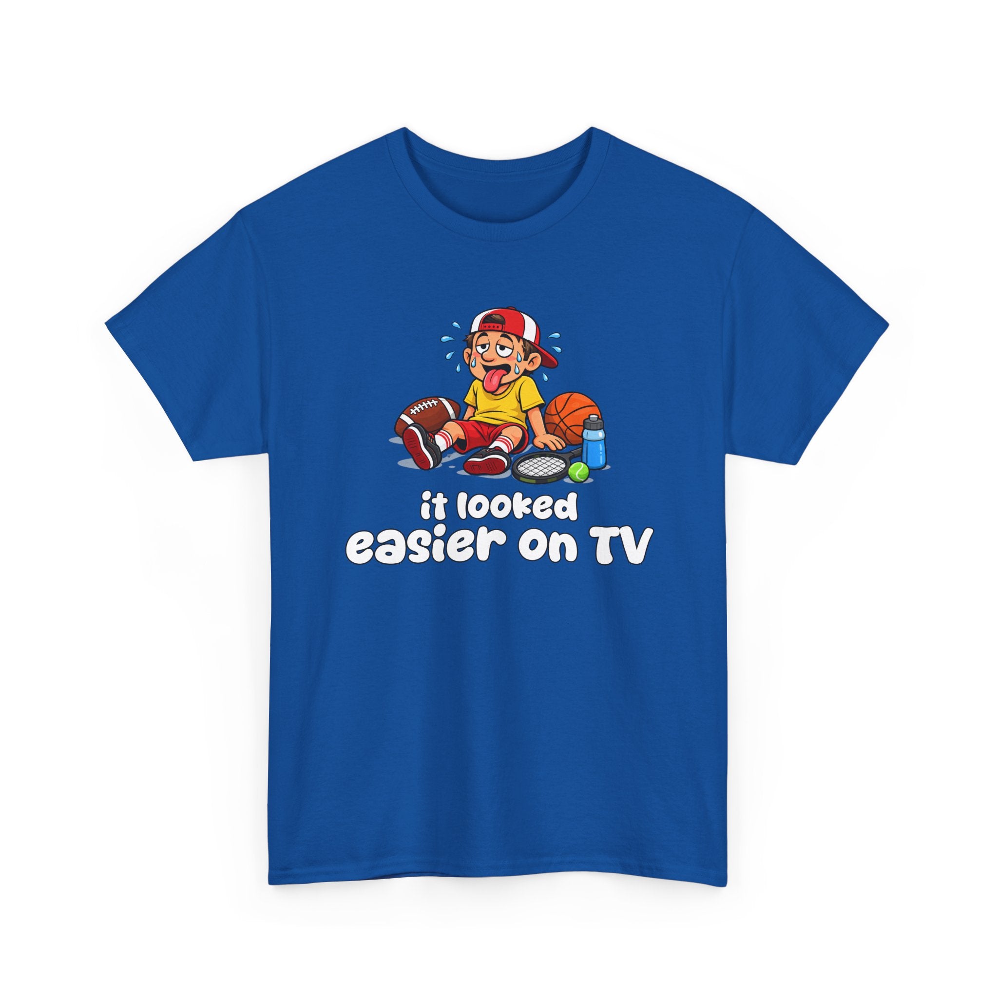 Blue t-shirt with a sports graphic of a cartoon character and text 'it looked easier on TV' on a white background