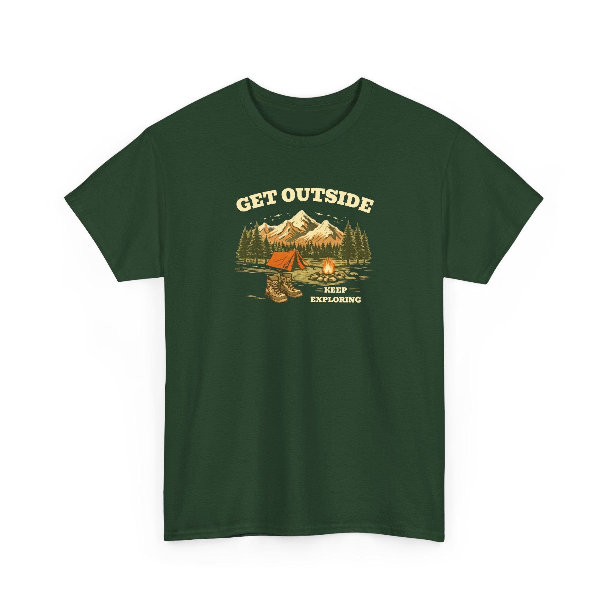 Get Outside Camping T-Shirt — Retro Mountain Tent & Campfire Tee