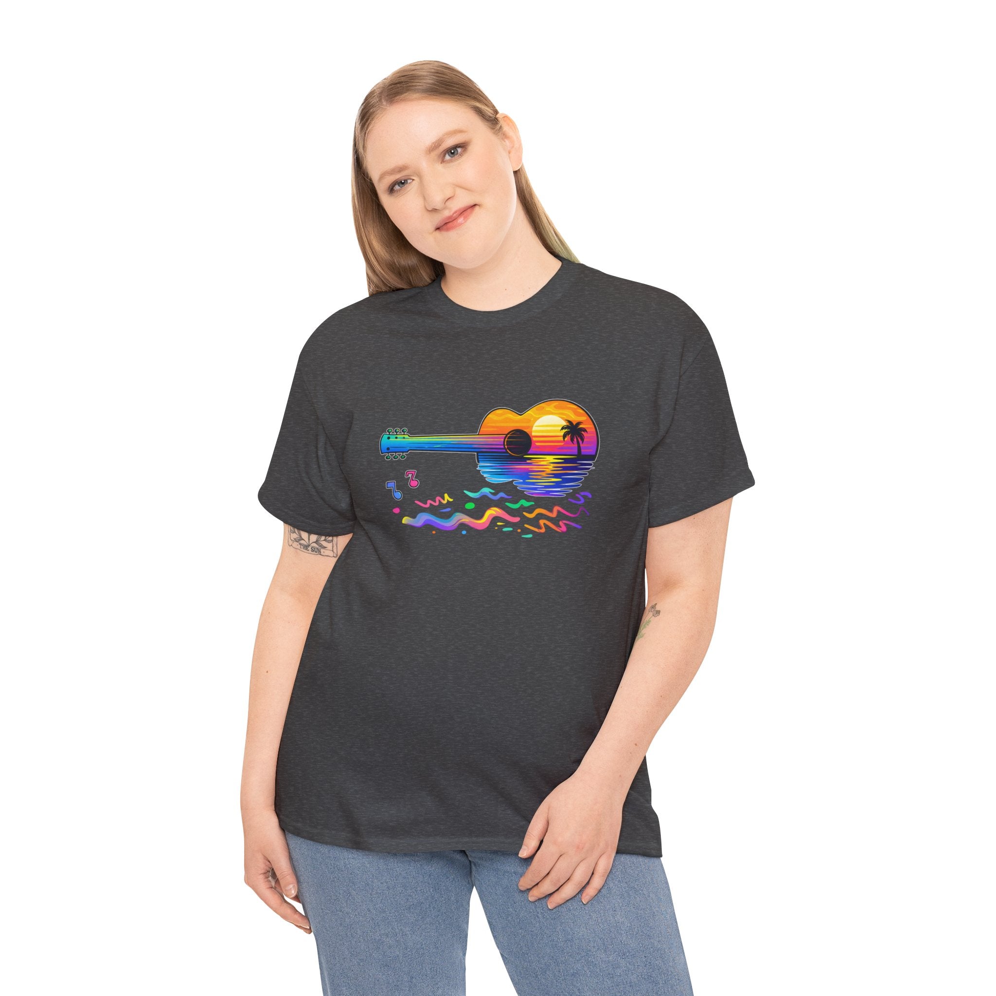 Guitar Sunset T-Shirt — Retro Tropical Sunrise Music Tee