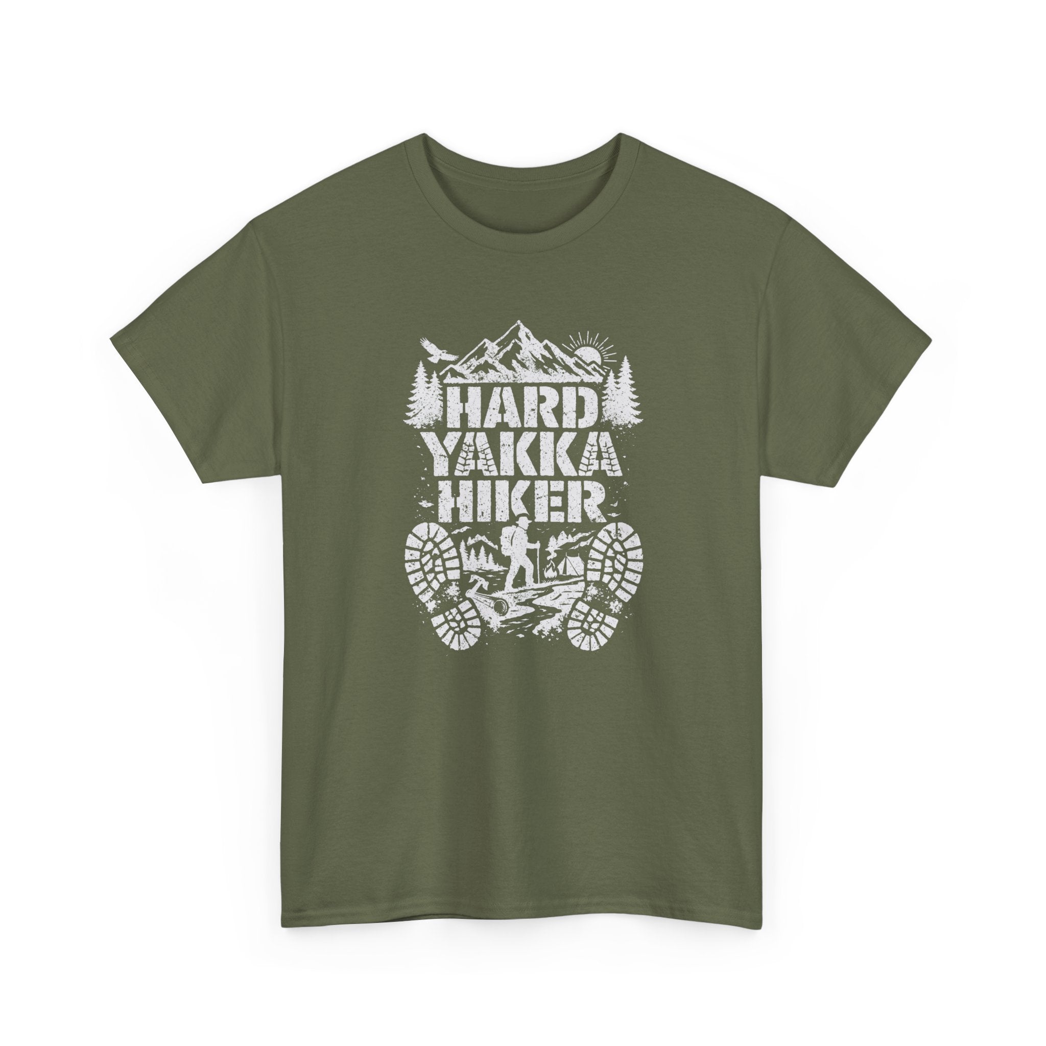 Hard Yakka Hiker T-Shirt — Outdoor Hiking Tee with Mountain Bootprint Design