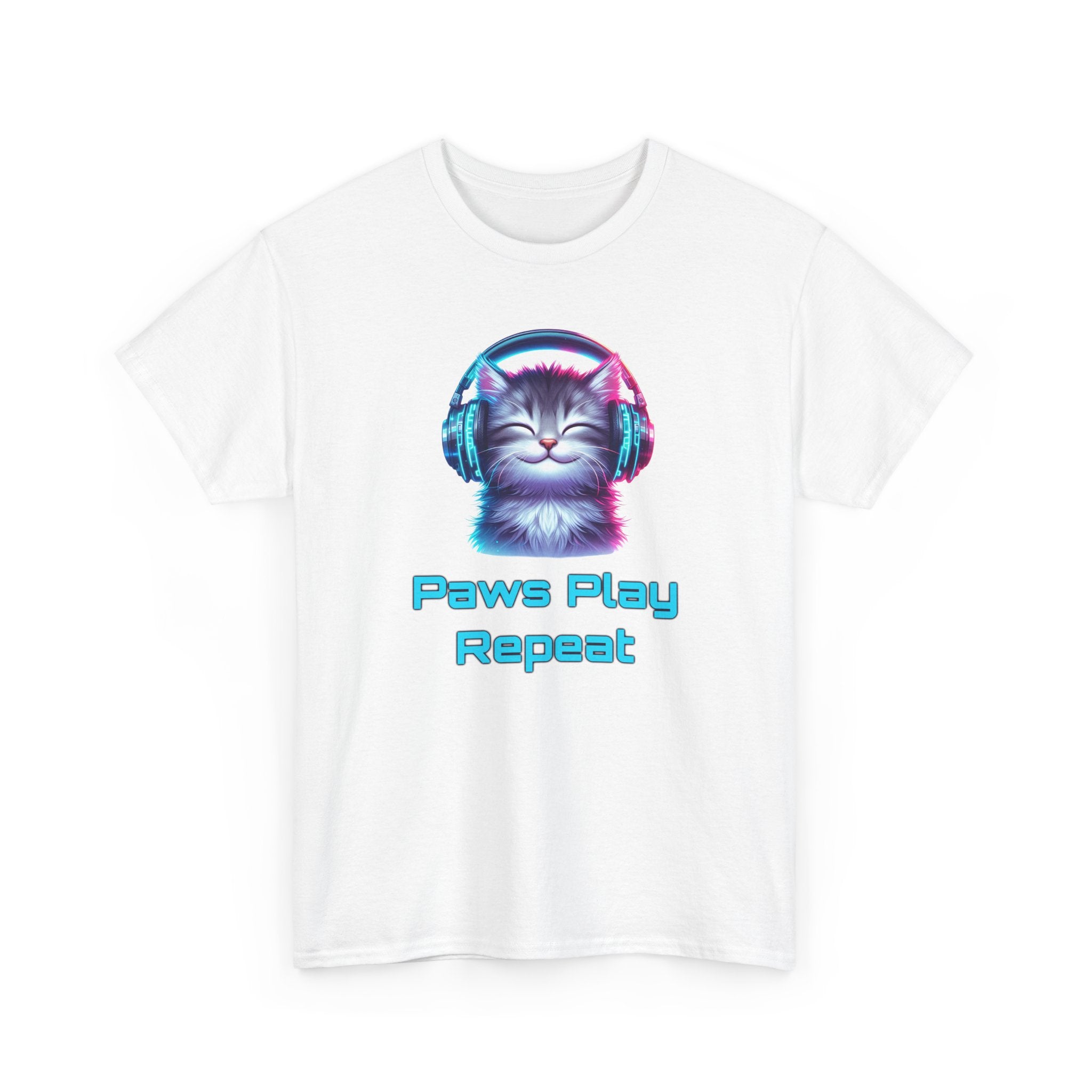 a cat with headphones on, neon pink and blue colors, with the text 'paws, play, repeat'
