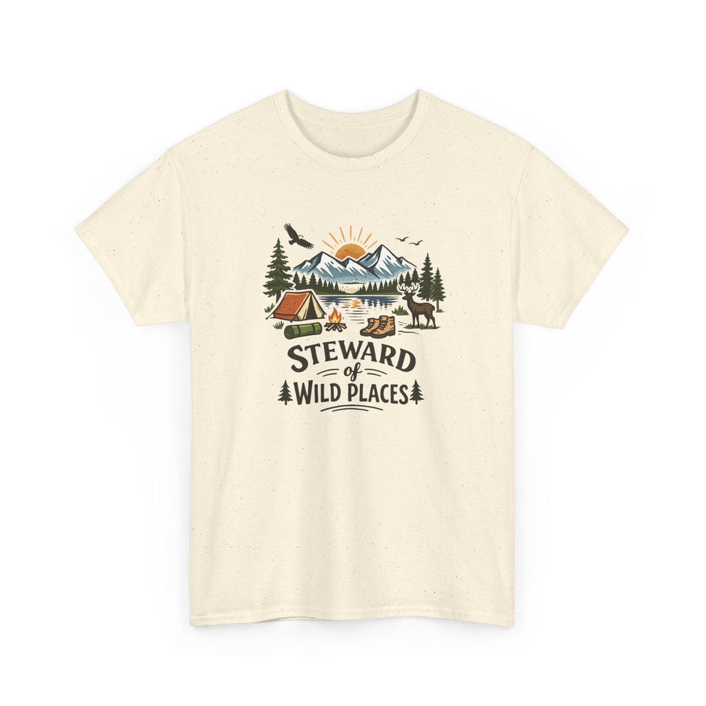 Beige t-shirt with nature-themed graphic and 'Steward of Wild Places' text on a white background