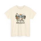 Beige t-shirt with nature-themed graphic and 'Steward of Wild Places' text on a white background