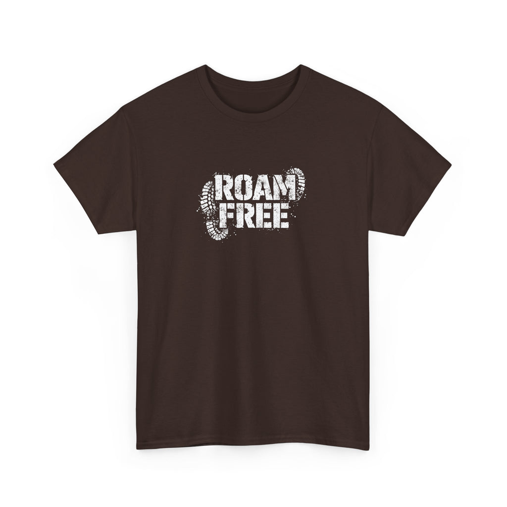 Roam Free T-Shirt — Outdoor Adventure Tee with Boot Print Graphic