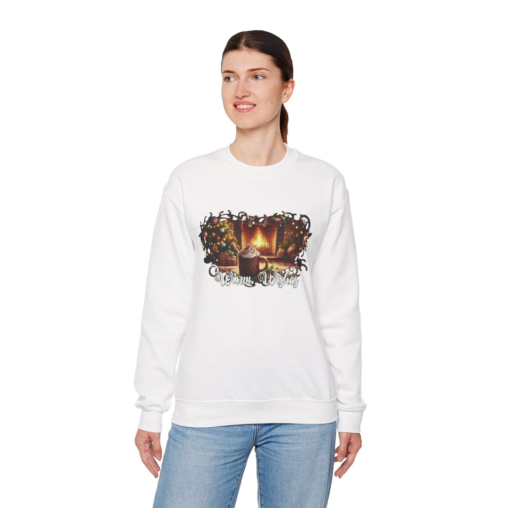 Christmas Fireplace Sweatshirt – Cozy Holiday Crewneck with Hot Cocoa & Tree