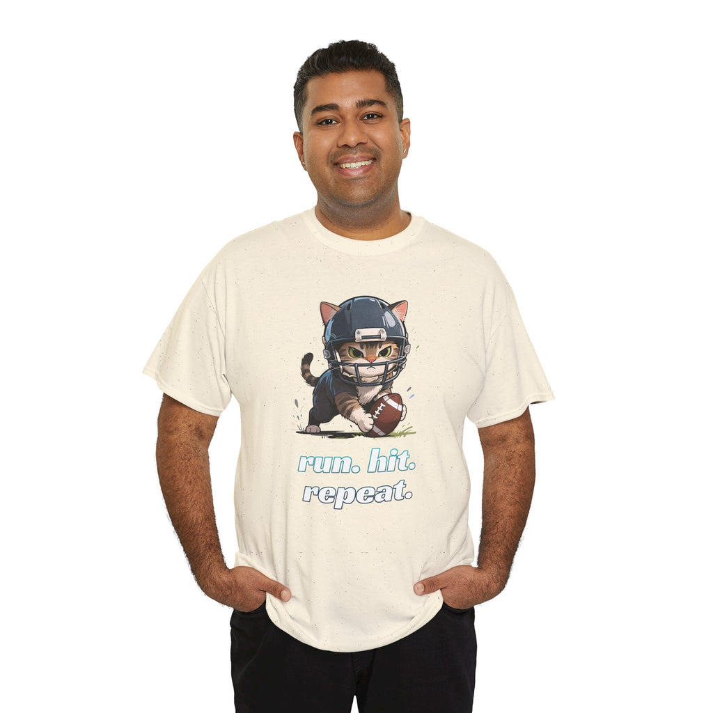 Funny Football Cat T-Shirt — "Run. Hit. Repeat." Cute Helmet Kitten Tee for Football Fans
