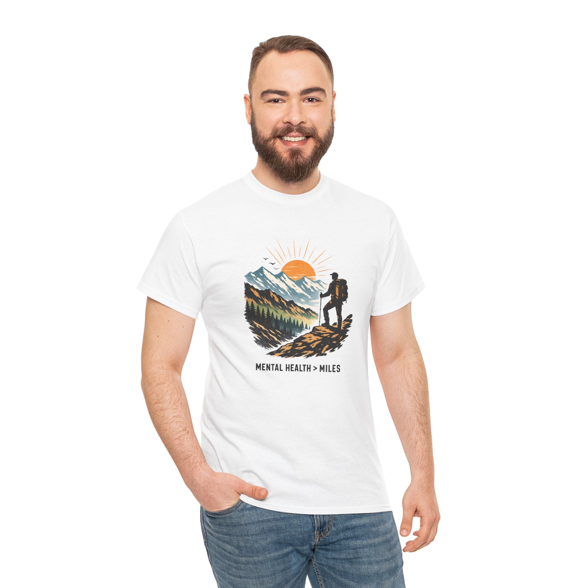 Hiking Graphic Tee — "Mental Health > Miles" Mountain Sunset Shirt