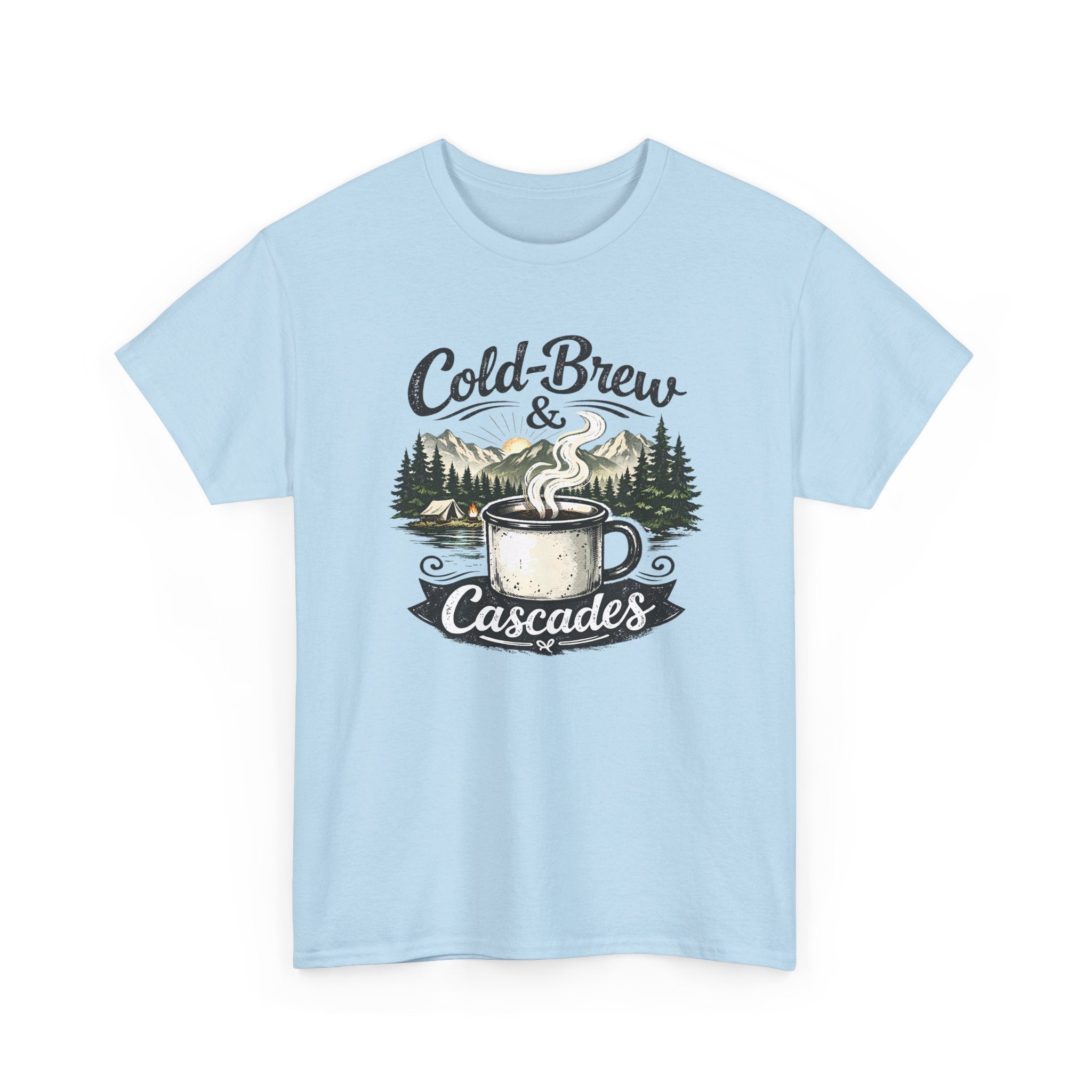 Cold-Brew & Cascades Tee — Vintage Coffee and Hiking Pine Forest Graphic T-Shirt
