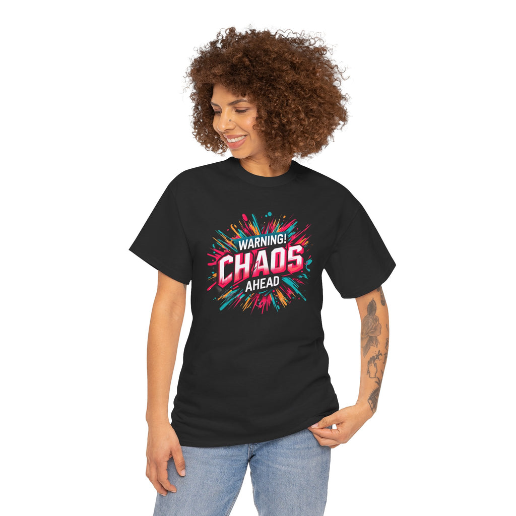 Chaos Ahead Graphic Tee — Warning! Colorful Explosion Design