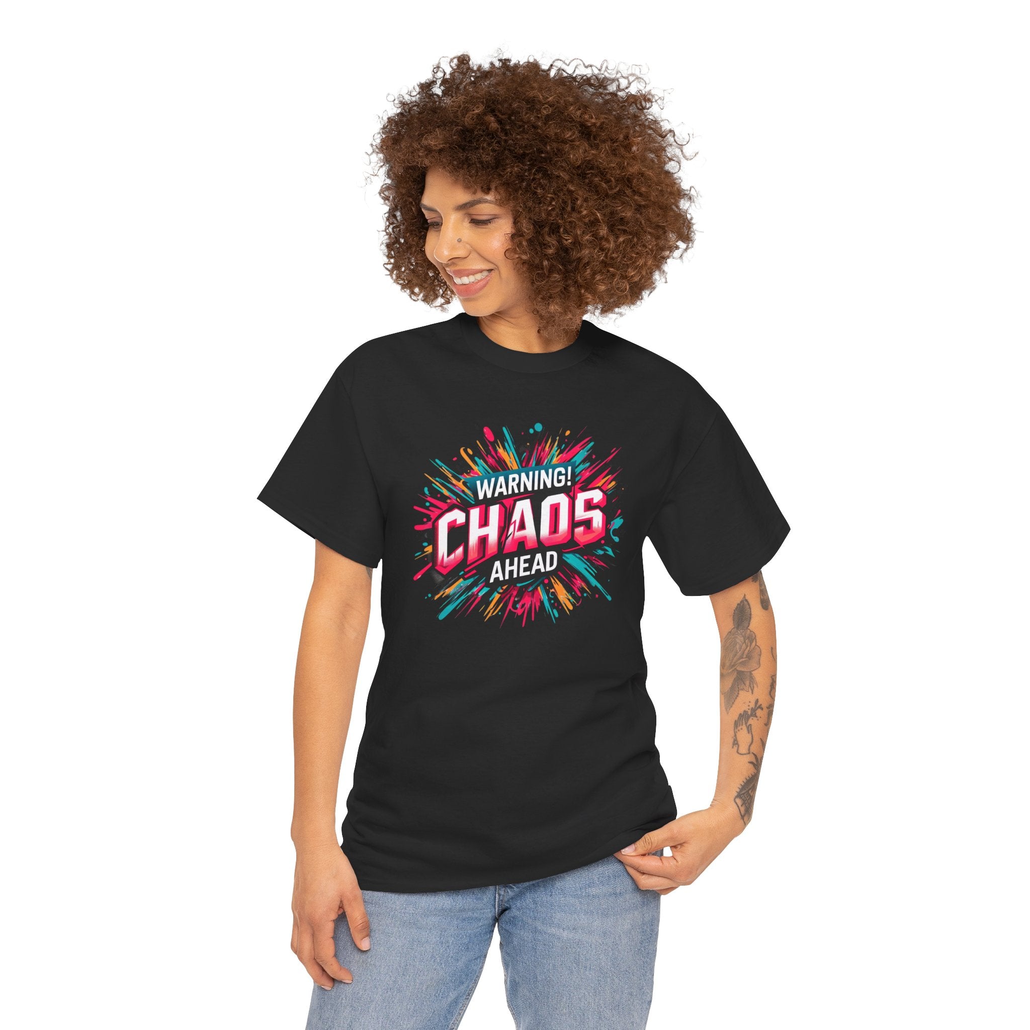 Chaos Ahead Graphic Tee — Warning! Colorful Explosion Design
