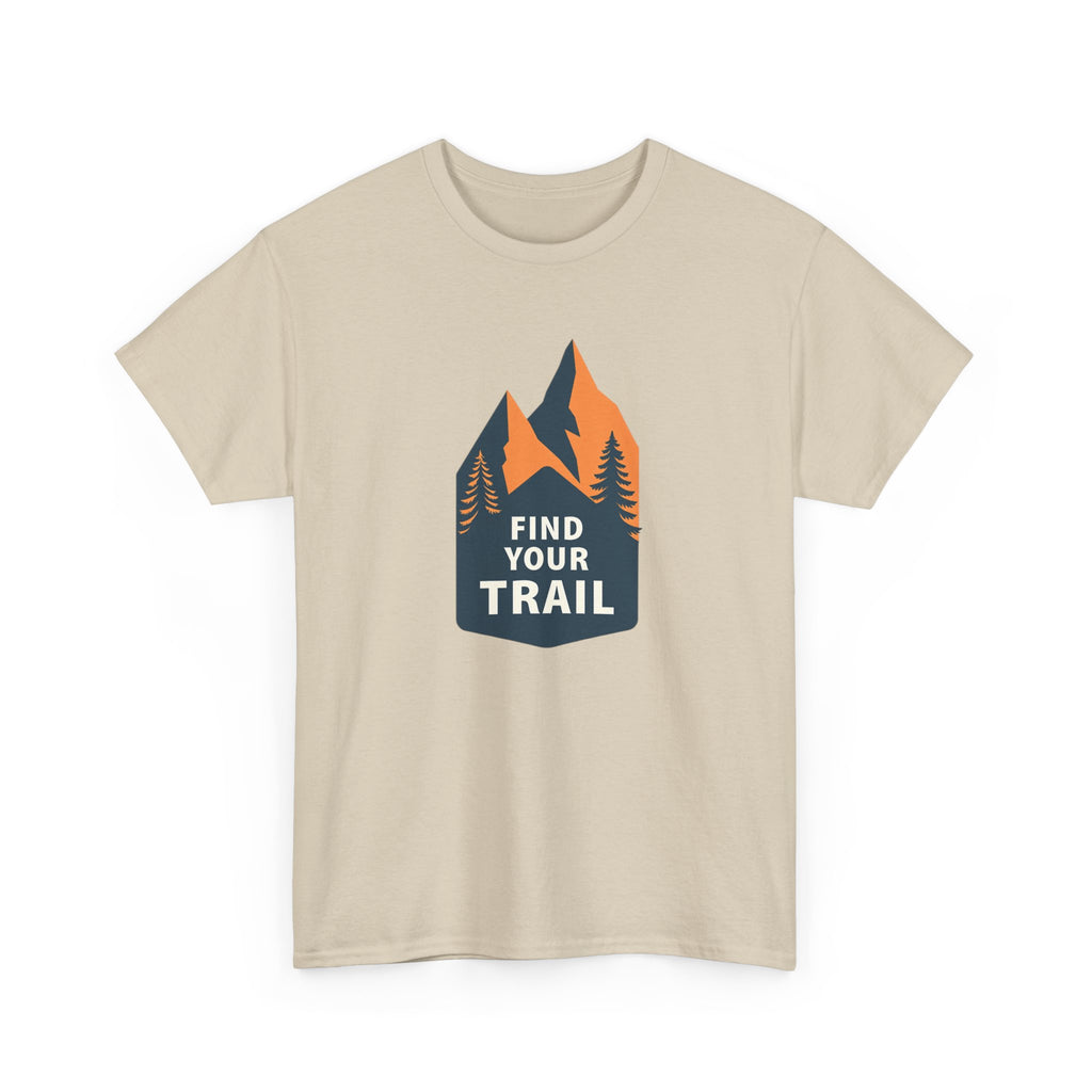 Beige t-shirt with mountain and tree graphic and 'Find Your Trail' text on a white background