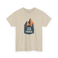 Beige t-shirt with mountain and tree graphic and 'Find Your Trail' text on a white background