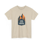 Beige t-shirt with mountain and tree graphic and 'Find Your Trail' text on a white background
