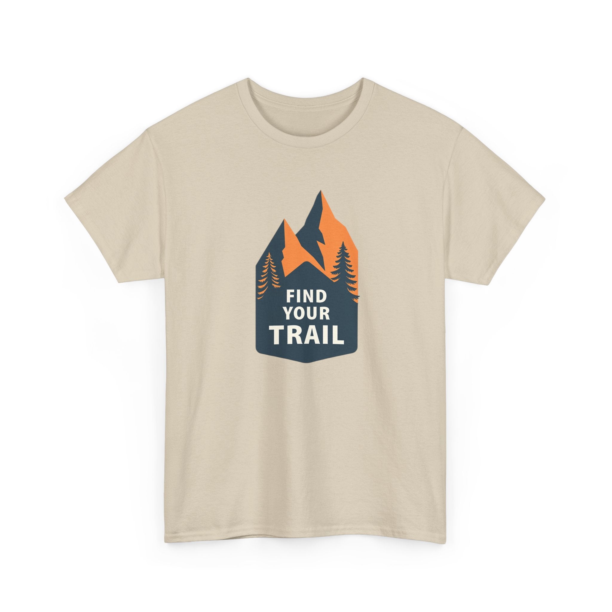 Beige t-shirt with mountain and tree graphic and 'Find Your Trail' text on a white background