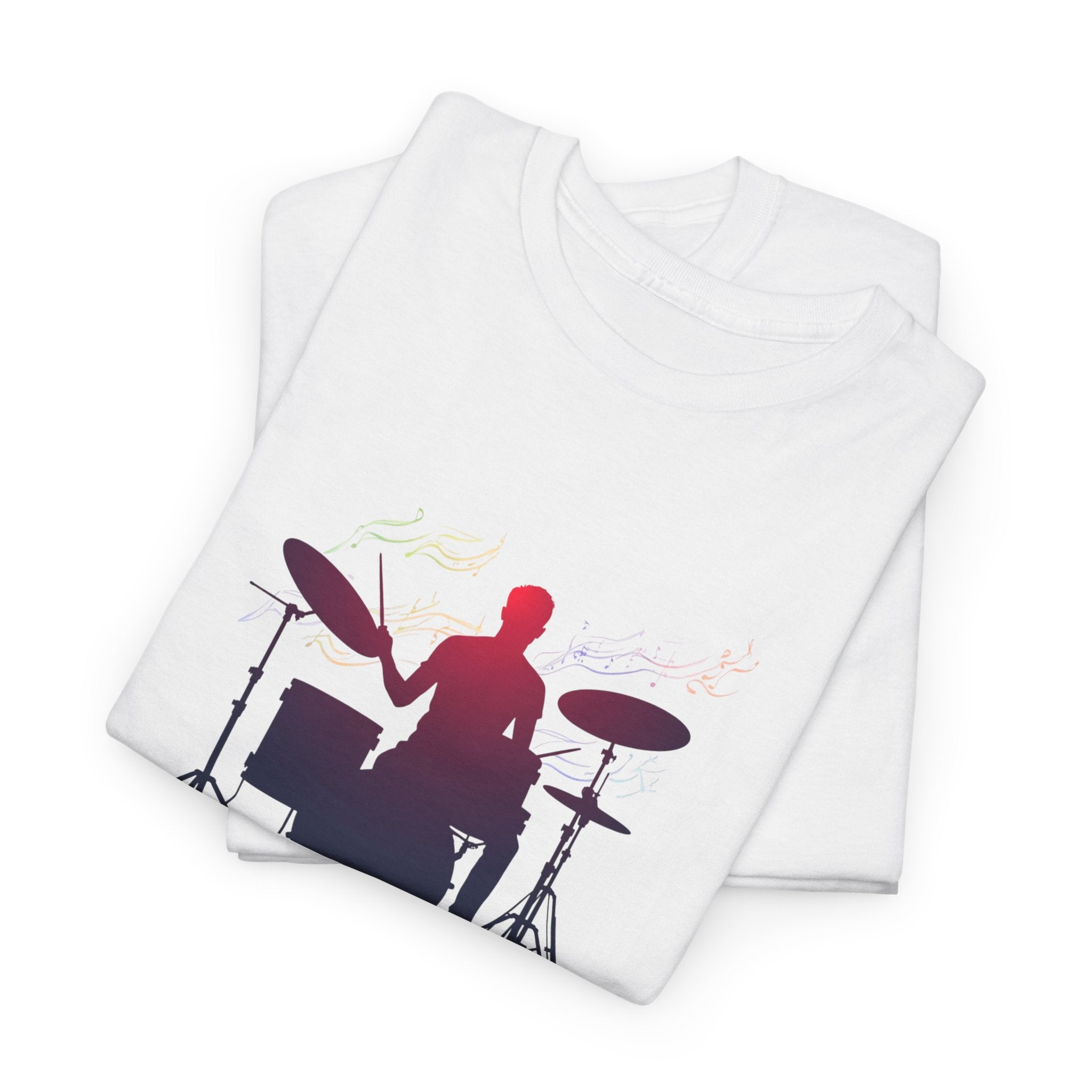 Drummer Silhouette T‑Shirt — Gradient Drum Kit Tee for Musicians & Band Fans