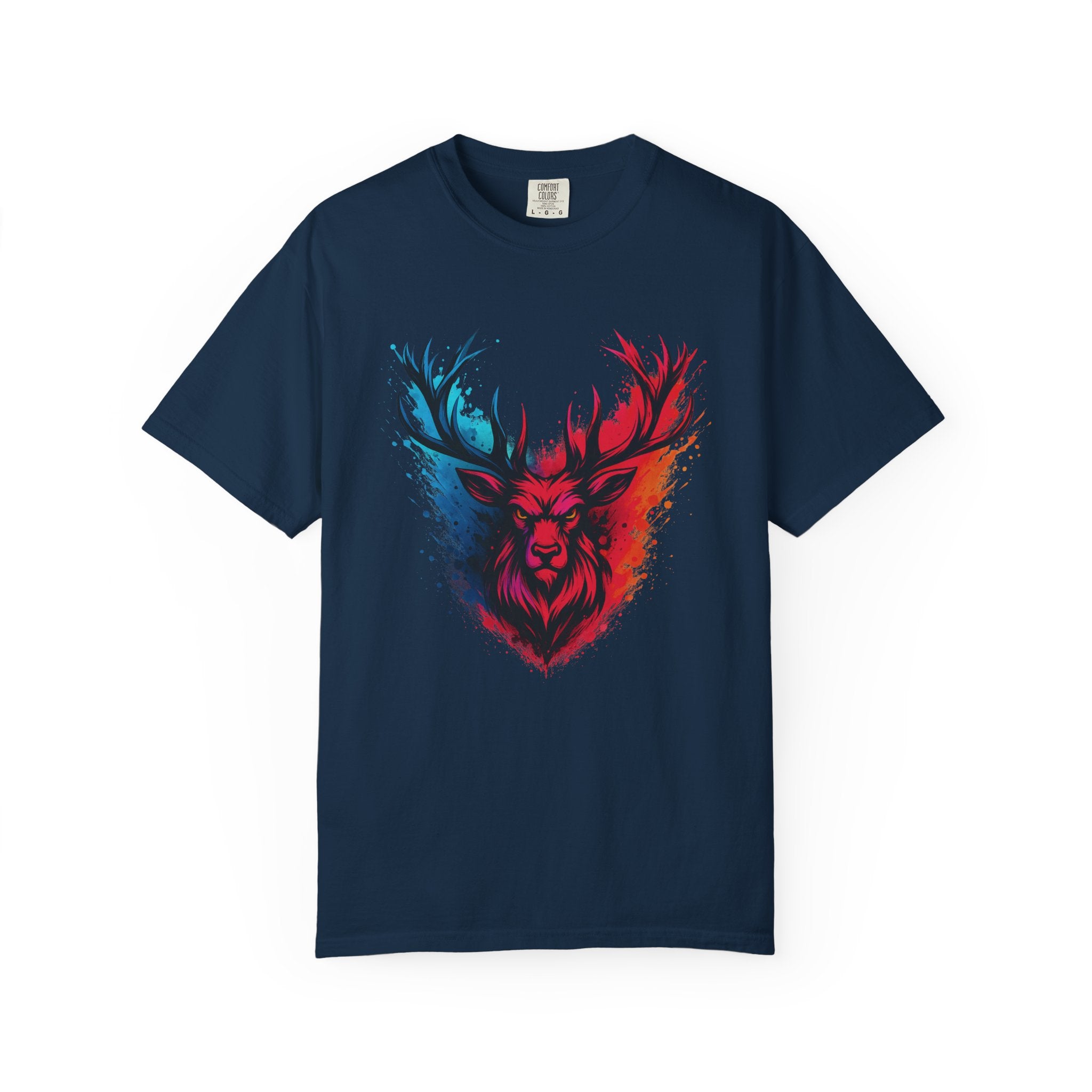 Stag Split-Color Splash T-Shirt — Red & Blue Deer Head Graphic
