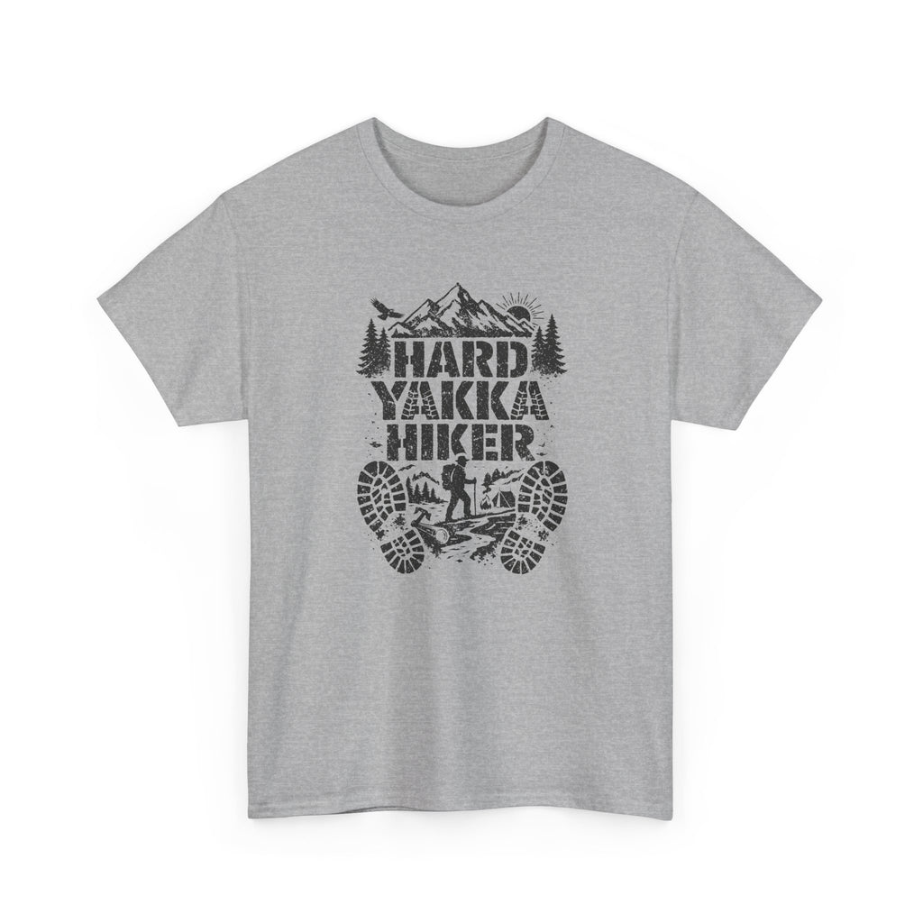 Gray t-shirt with 'Hard Yakka Hiker' graphic design on a white background