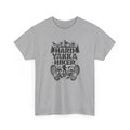Gray t-shirt with 'Hard Yakka Hiker' graphic design on a white background