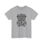 Gray t-shirt with 'Hard Yakka Hiker' graphic design on a white background