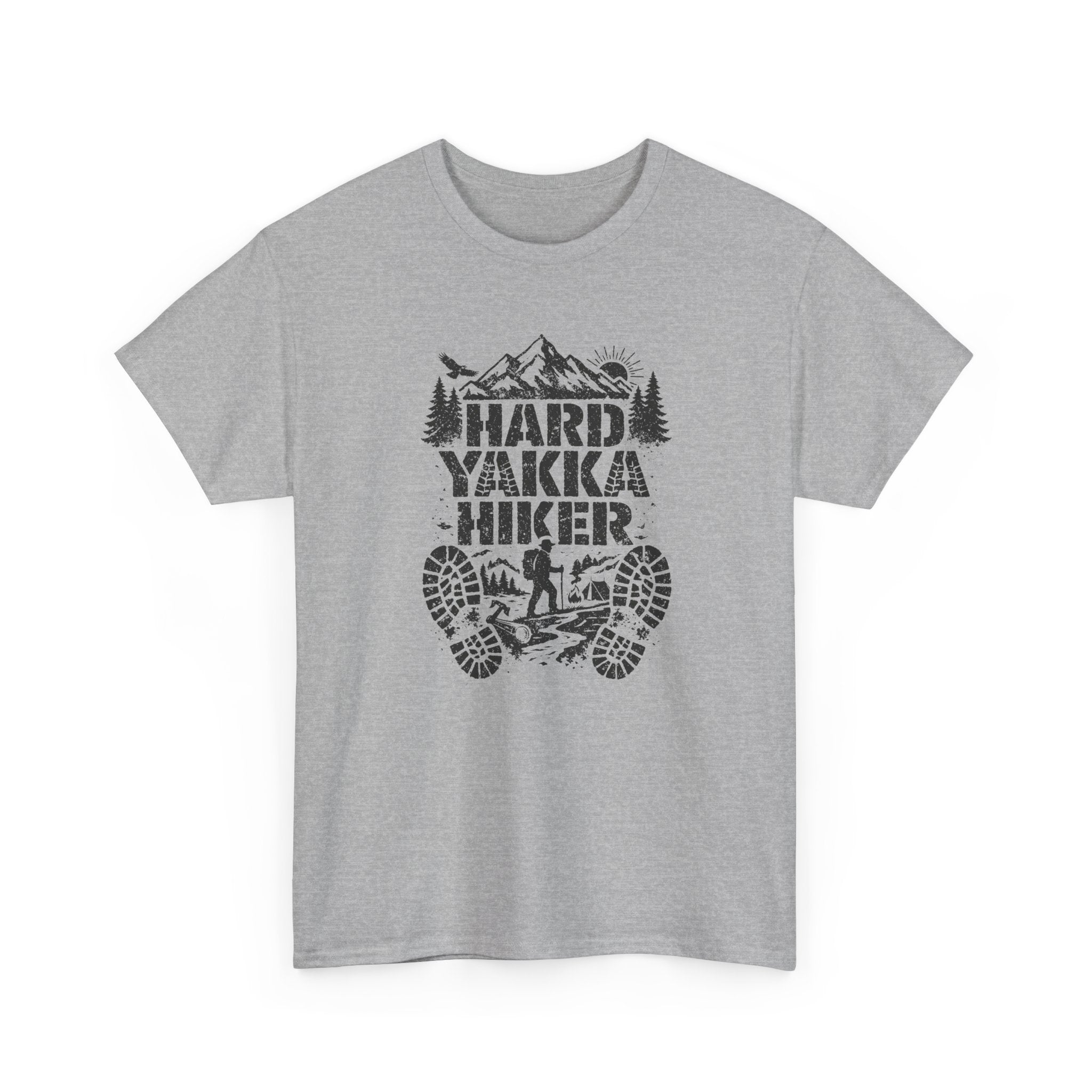Gray t-shirt with 'Hard Yakka Hiker' graphic design on a white background