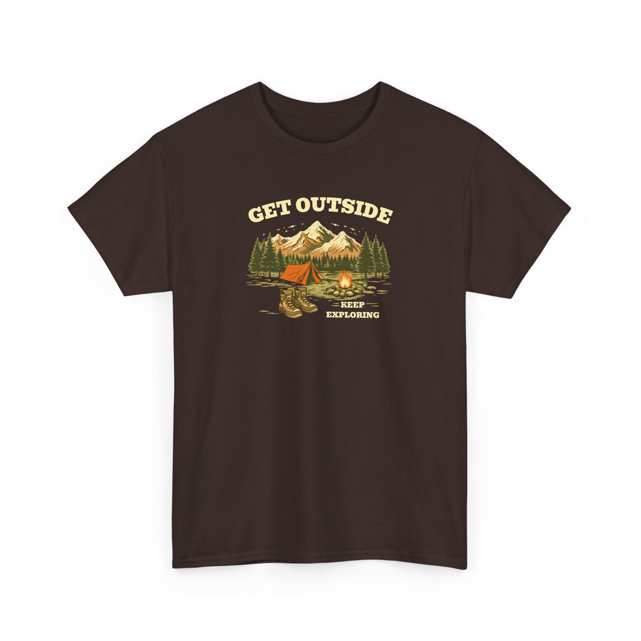 Get Outside Camping T-Shirt — Retro Mountain Tent & Campfire Tee