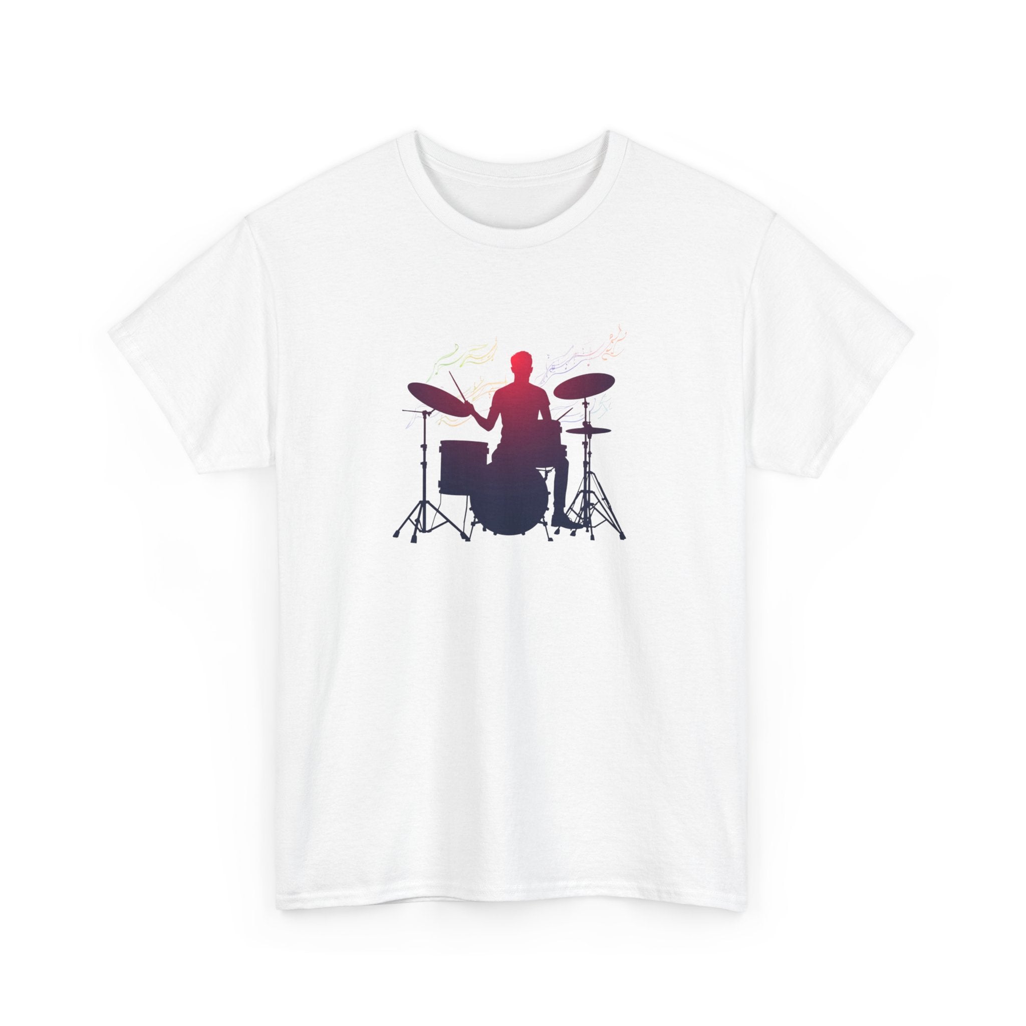 Abstract silhouette of a drummer playing a drum kit with colorful flowing sound waves and musical energy, modern music illustration.