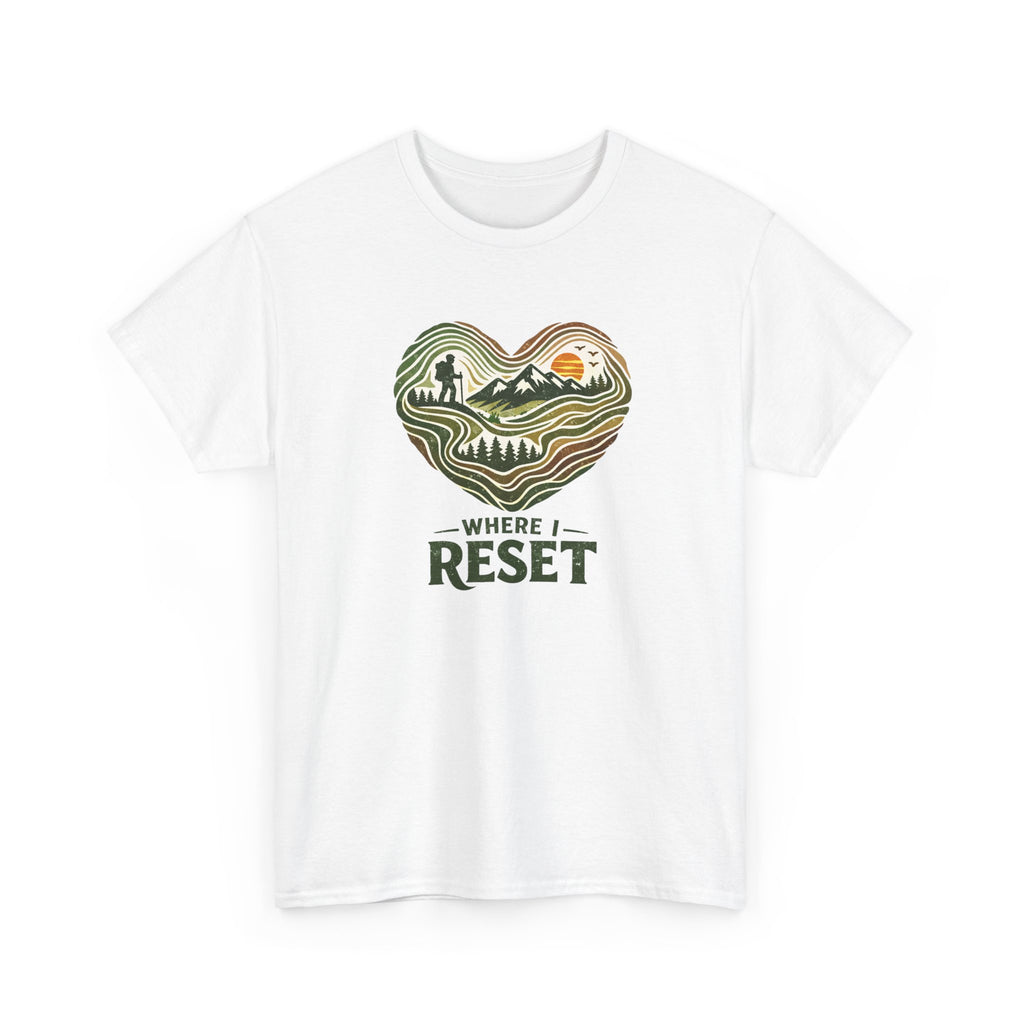 White t-shirt with a heart-shaped nature graphic and 'Where I Reset' text on a white background