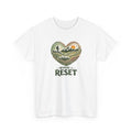 White t-shirt with a heart-shaped nature graphic and 'Where I Reset' text on a white background