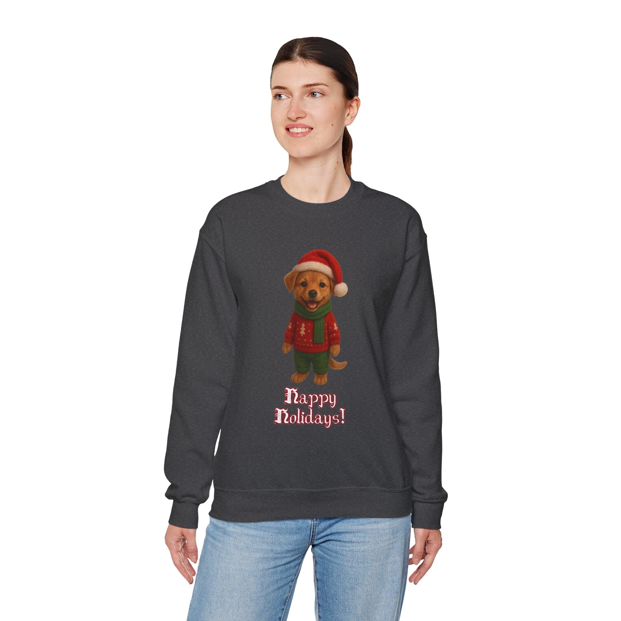 Crewneck Sweatshirt — Cute Puppy in Santa Outfit “Happy Holidays!” Christmas Sweater