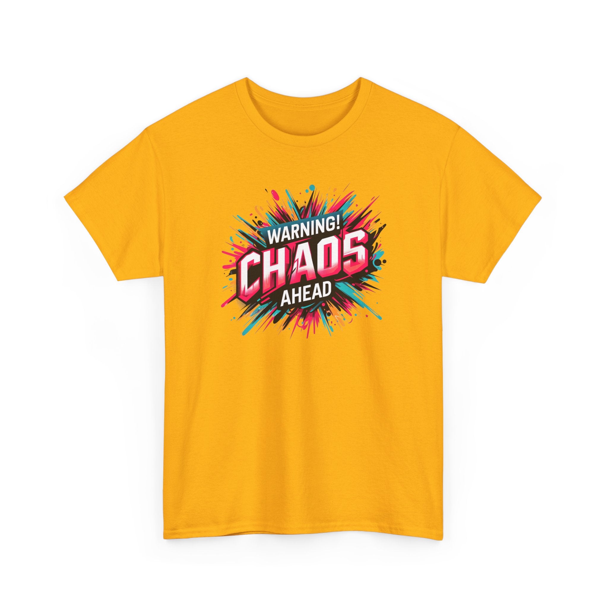 Chaos Ahead Graphic Tee — Warning! Colorful Explosion Design