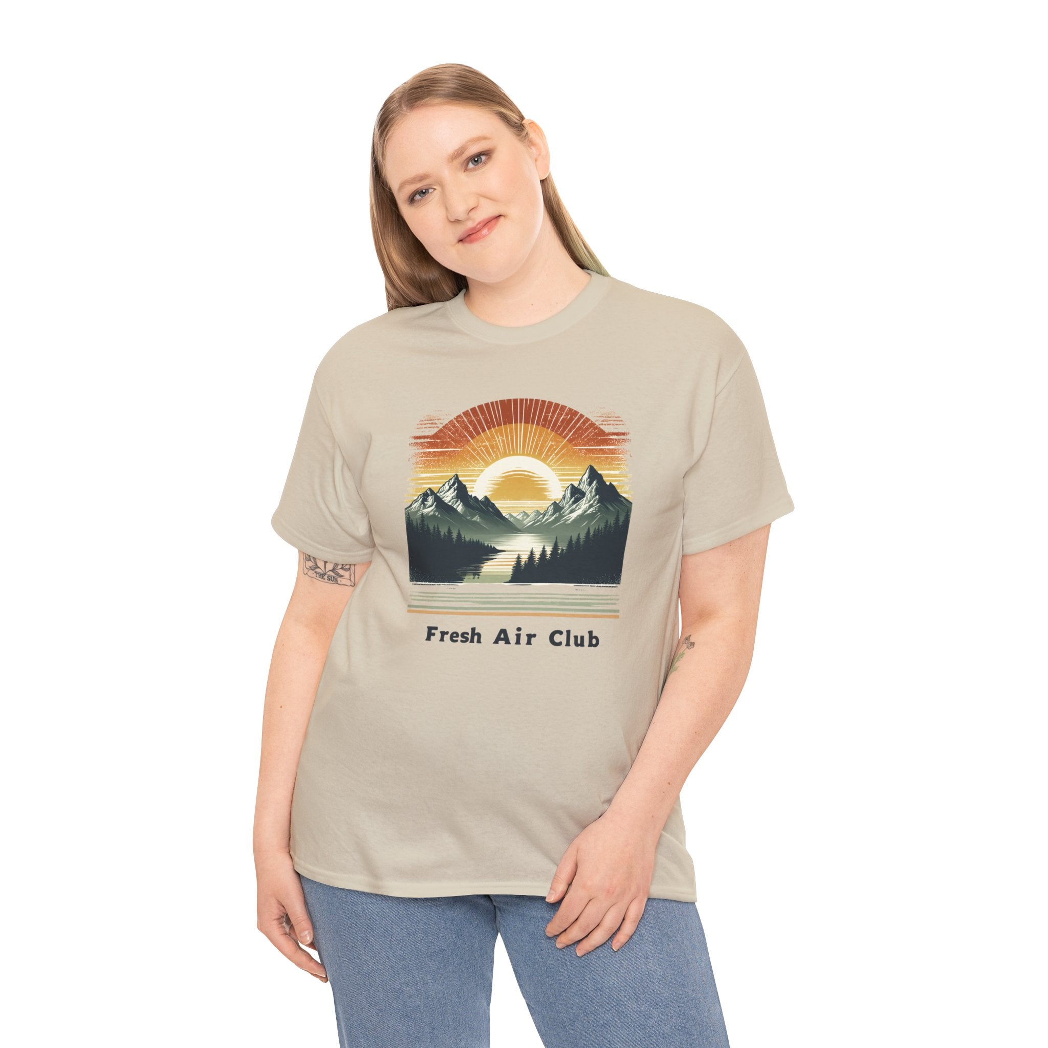 Fresh Air Club Mountain Sunset T-Shirt — Retro Outdoor Adventure Tee