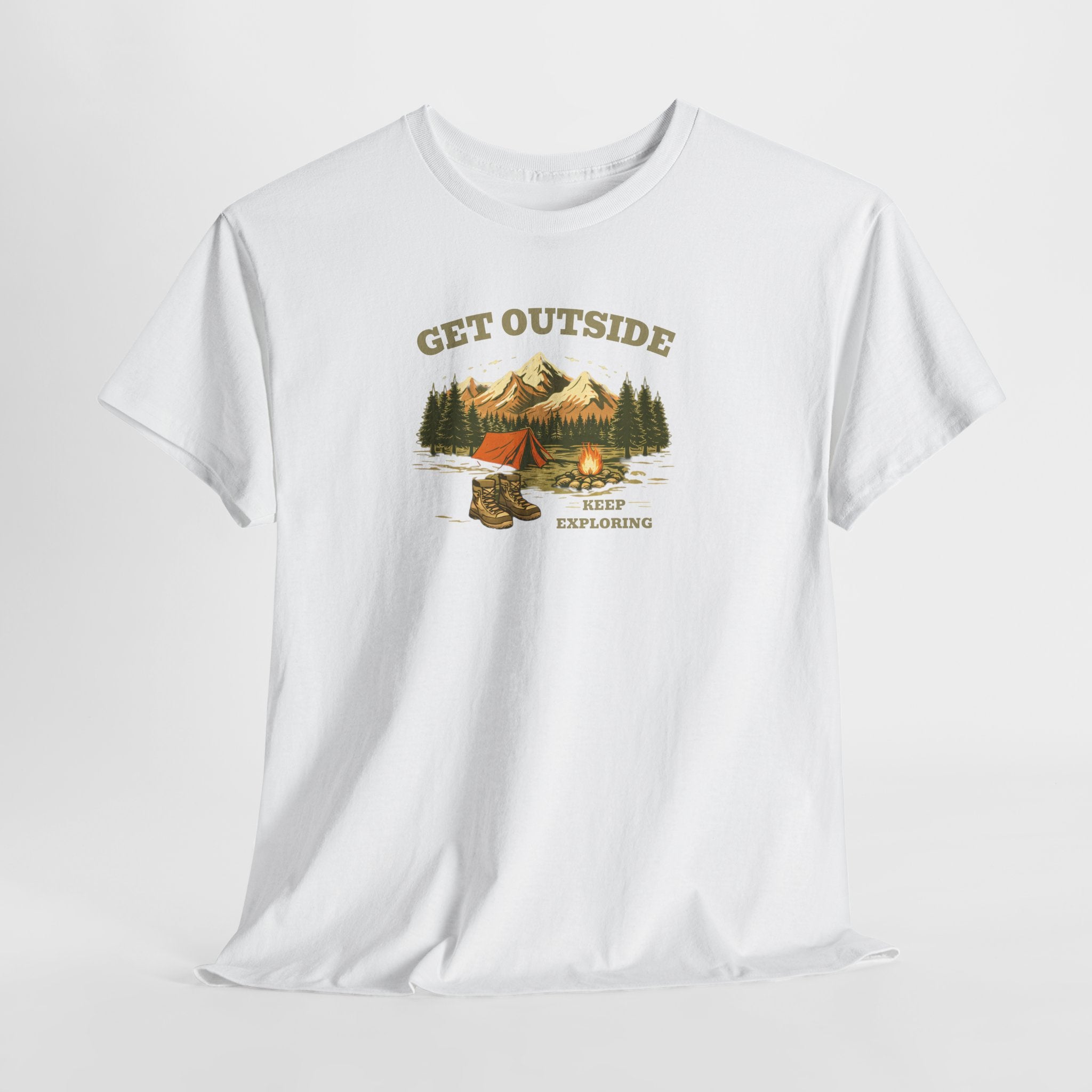 Get Outside Camping T-Shirt — Retro Mountain Tent & Campfire Tee