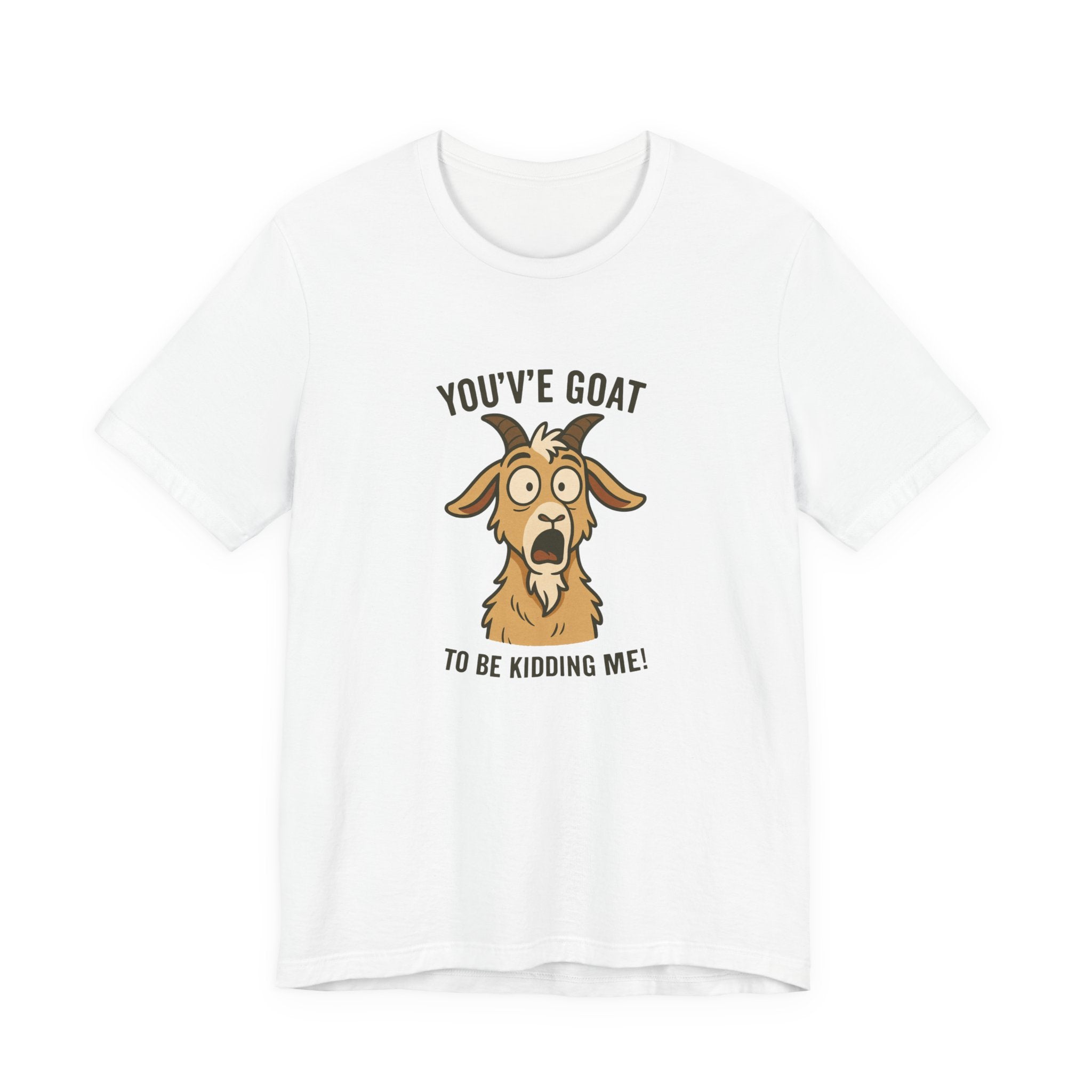 Funny cartoon goat with a shocked expression, paired with bold pun text reading ‘You’ve goat to be kidding me!’.
