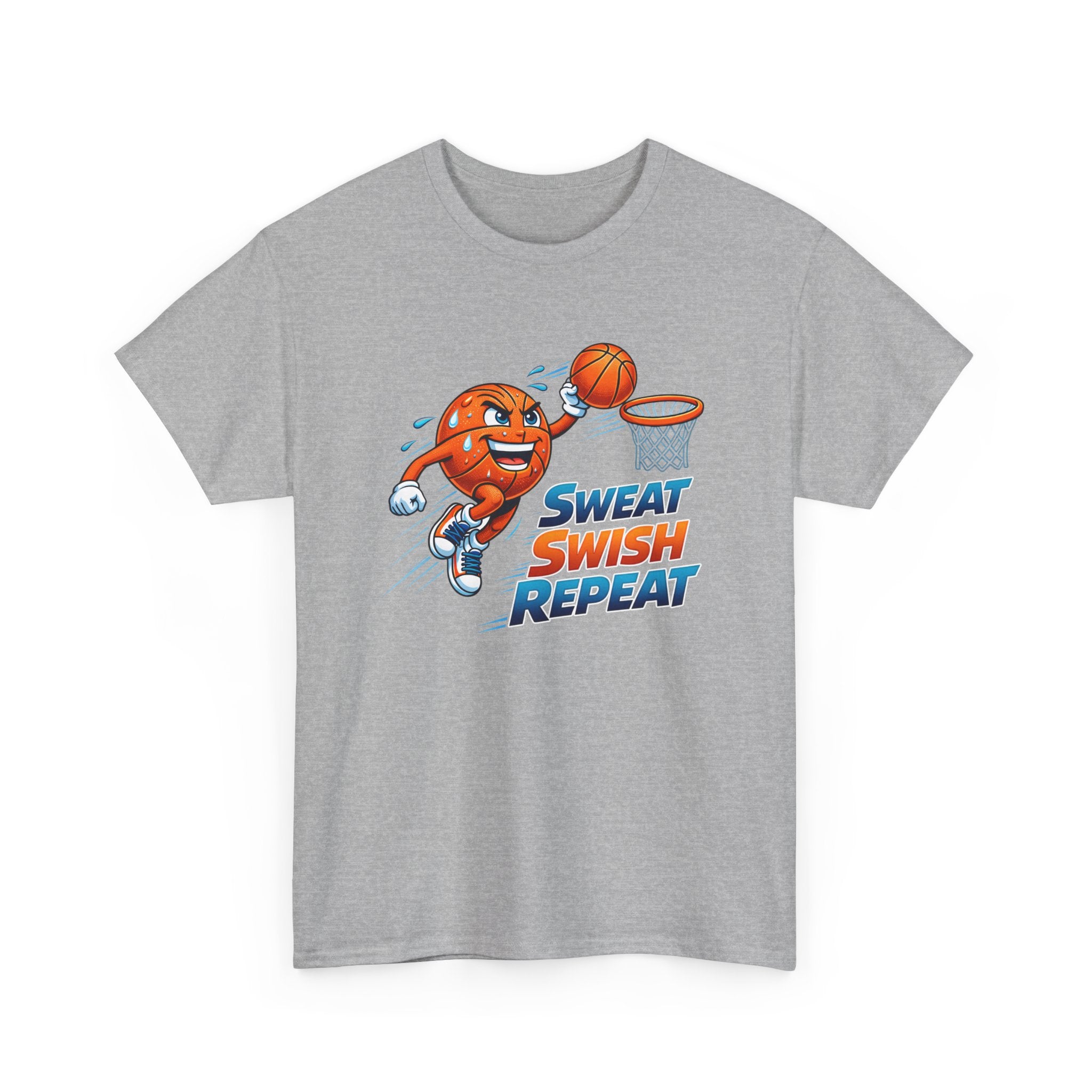 Sweat Swish Repeat Basketball T‑Shirt — Fun Hoop Cartoon Graphic Tee