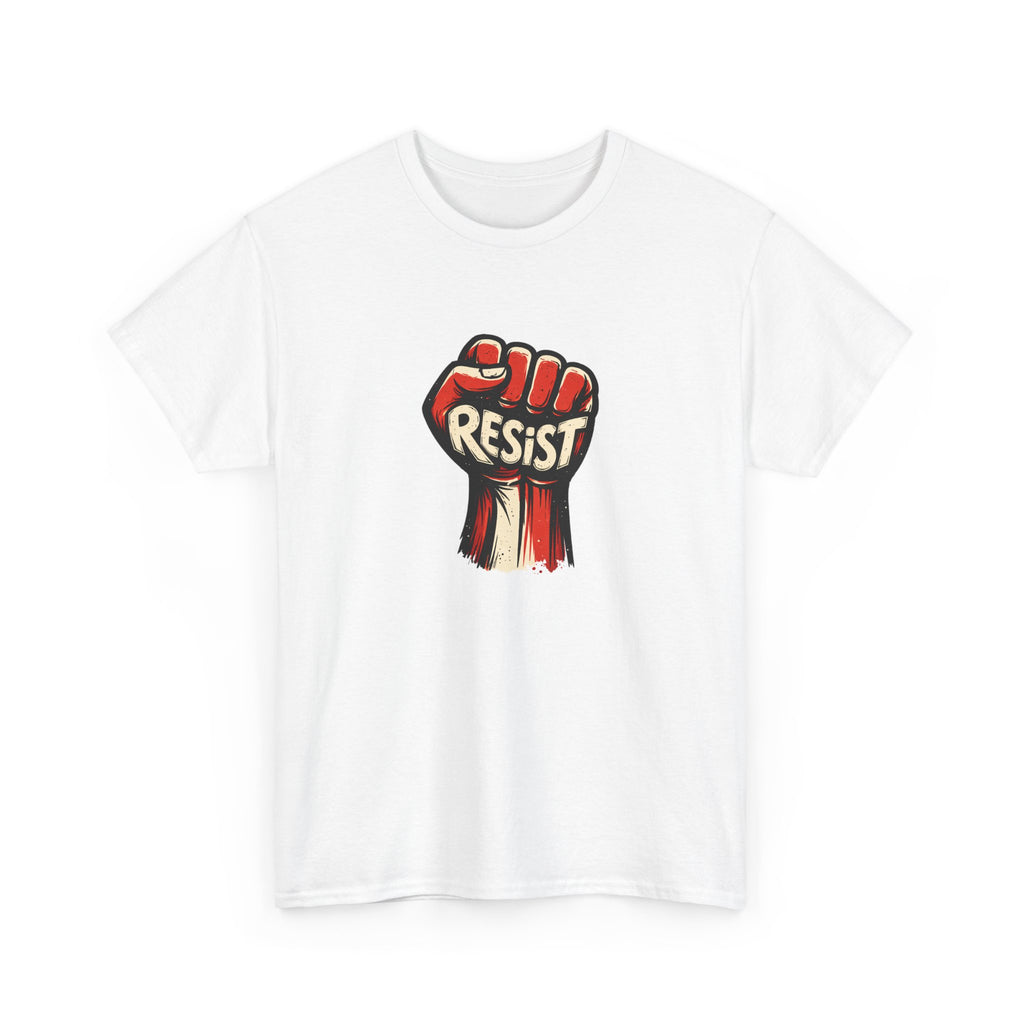 White t-shirt with a graphic of a raised fist holding the word 'Resist' on a white background
