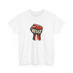 White t-shirt with a graphic of a raised fist holding the word 'Resist' on a white background