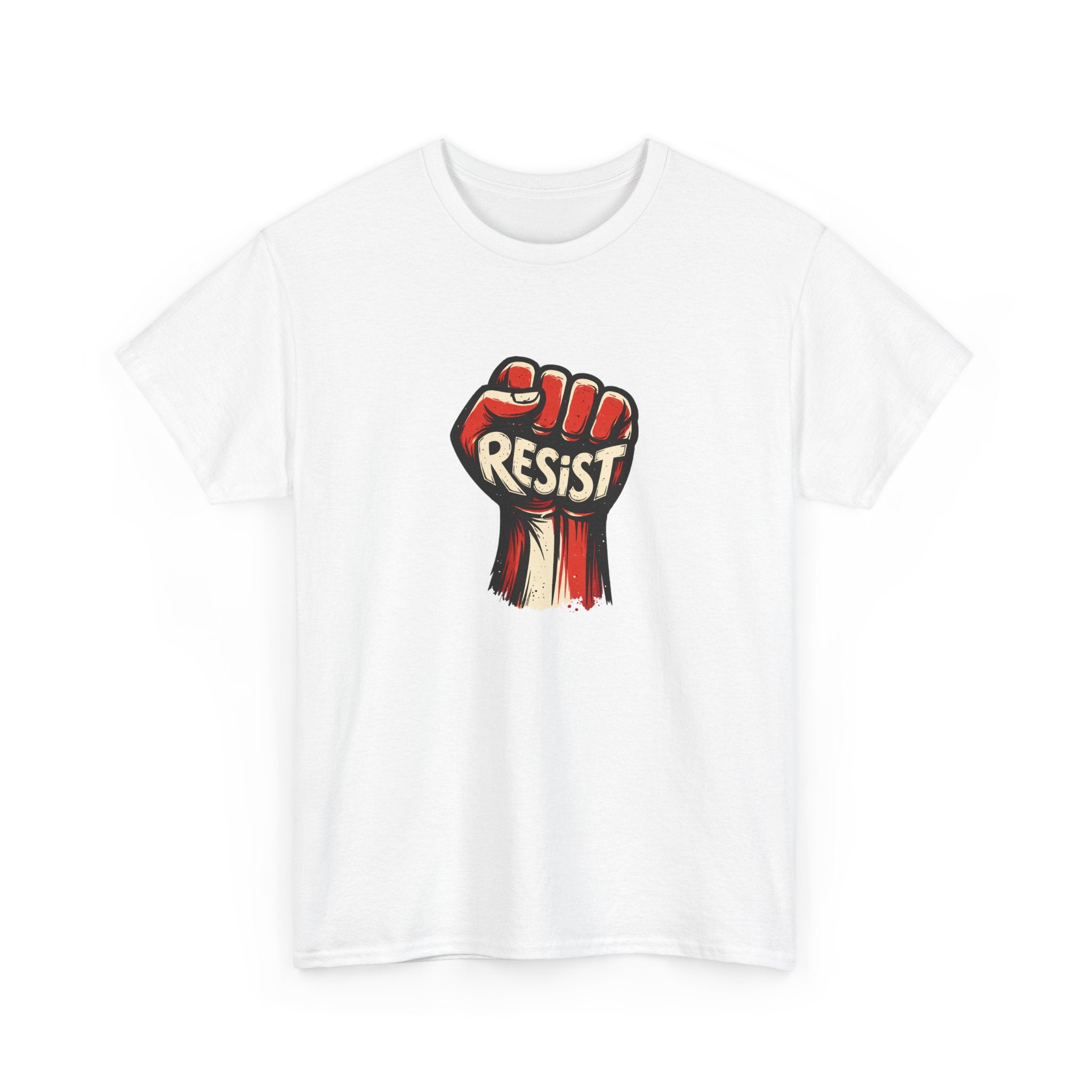 White t-shirt with a graphic of a raised fist holding the word 'Resist' on a white background