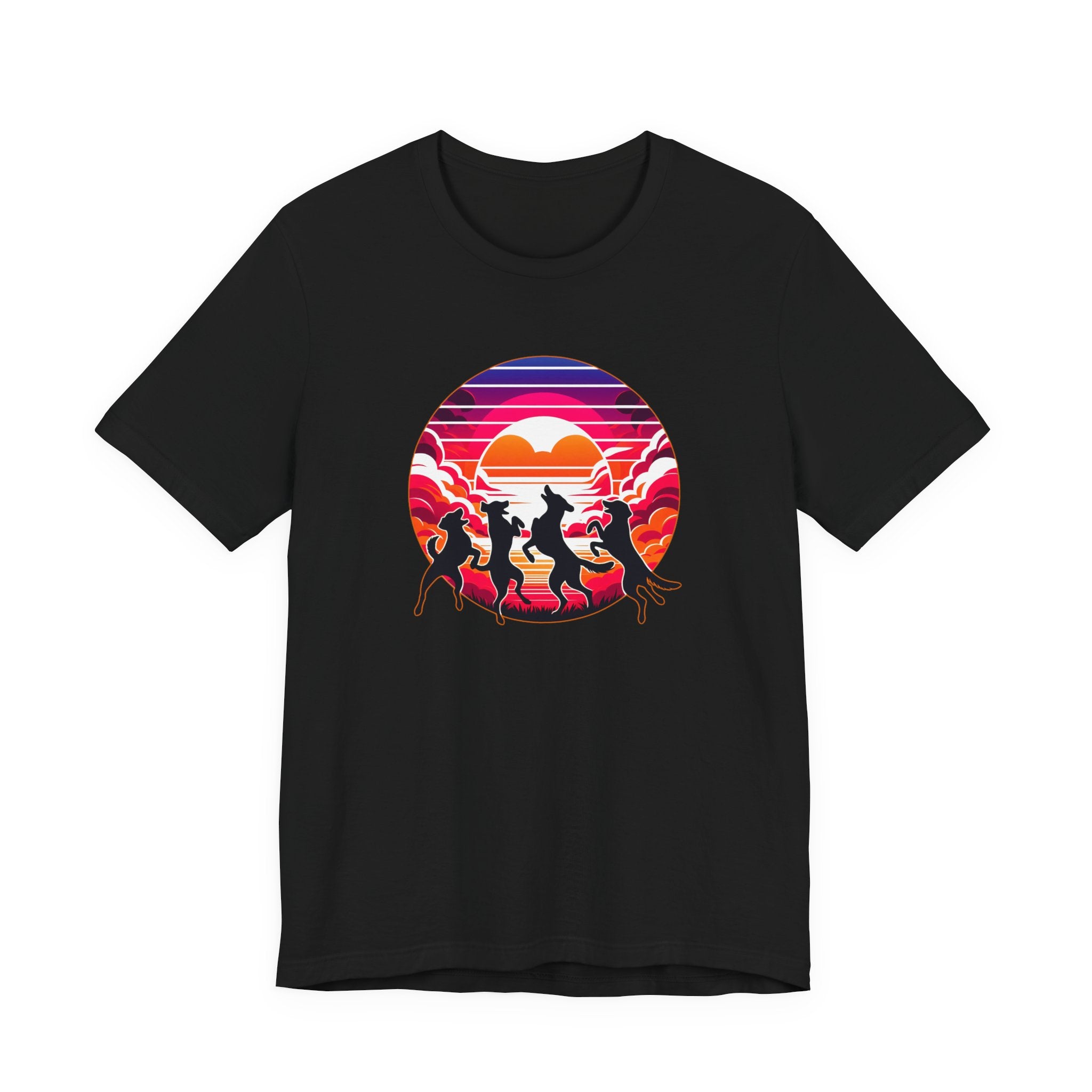 Retro Sunset Dancing Dogs T-Shirt — Vintage Rainbow Skyline Graphic Tee