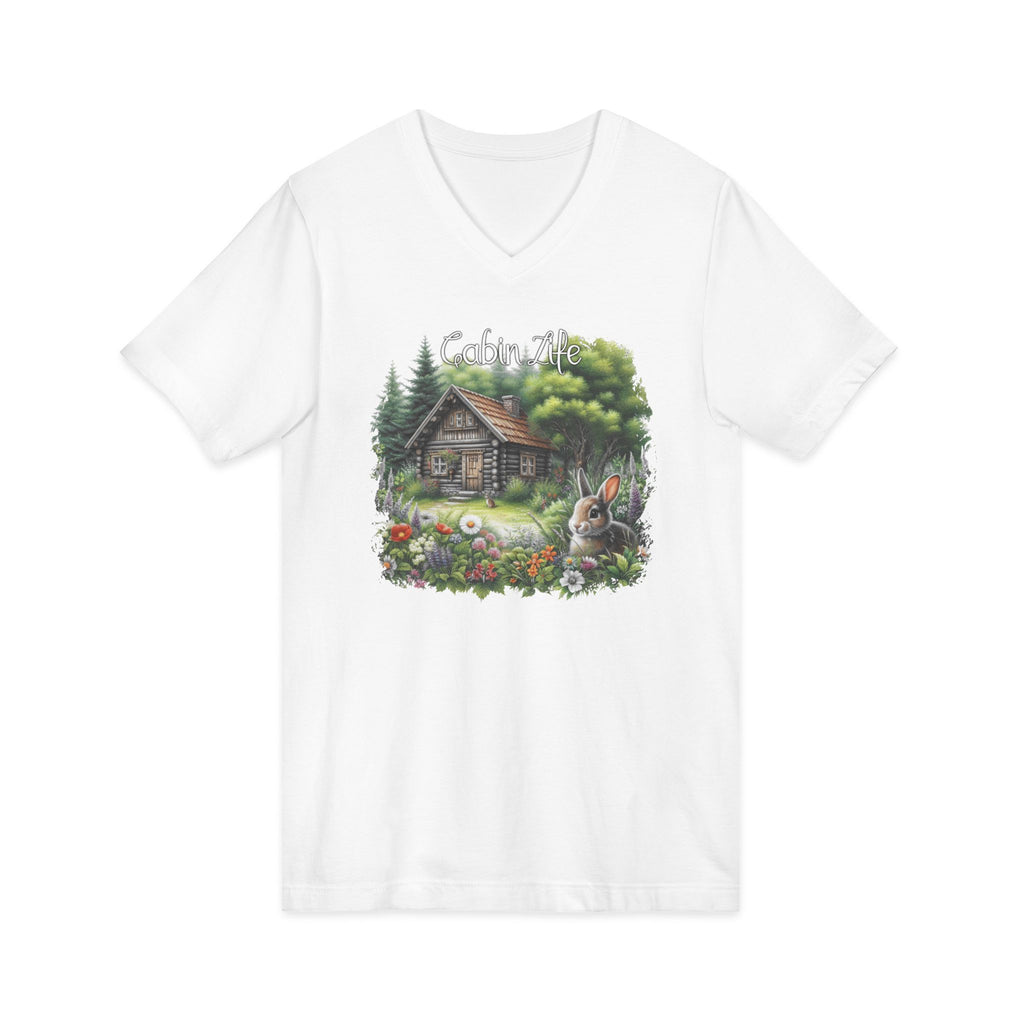 Cabin Life V-Neck Tee – Rustic Cottage & Bunny Nature Shirt