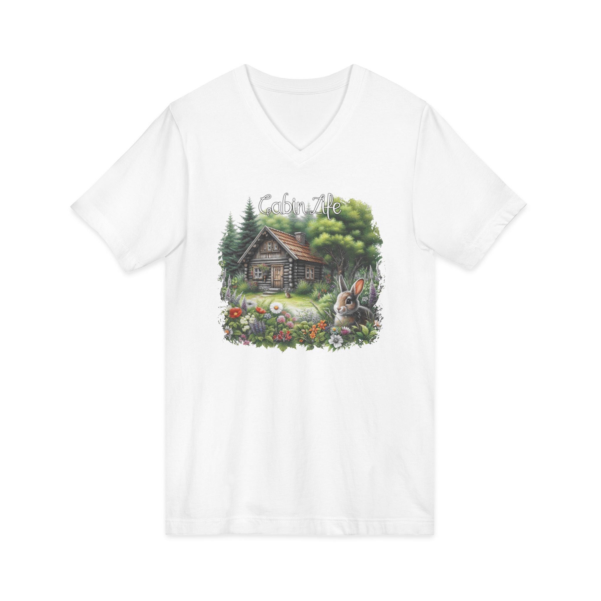 Cabin Life V-Neck Tee – Rustic Cottage & Bunny Nature Shirt