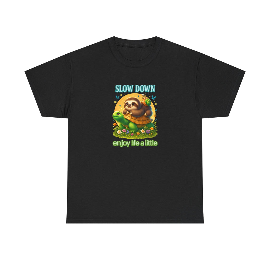 Slow Down Turtle Sloth & Snail V-Neck Tee — "Enjoy Life a Little" Relaxed Graphic Shirt