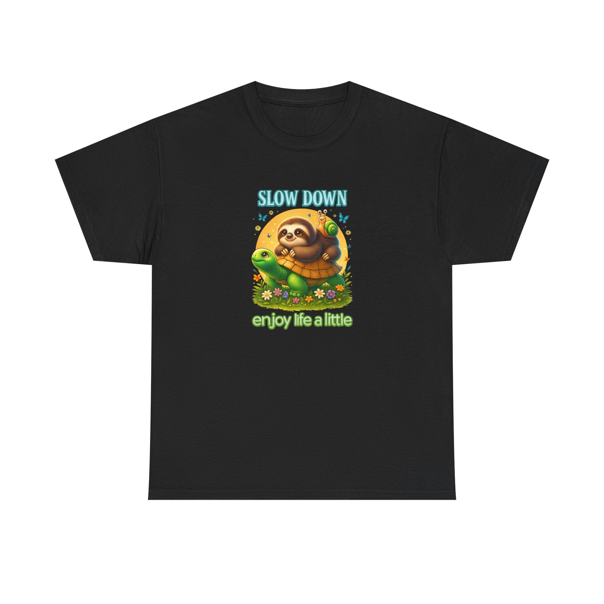 Slow Down Turtle Sloth & Snail V-Neck Tee — "Enjoy Life a Little" Relaxed Graphic Shirt