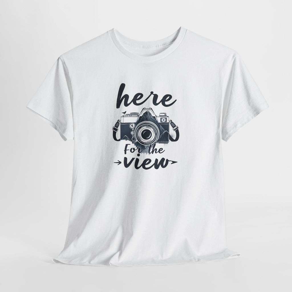 Hiking Tee — "Here for the View" Camera  And Mountain Graphic Shirt